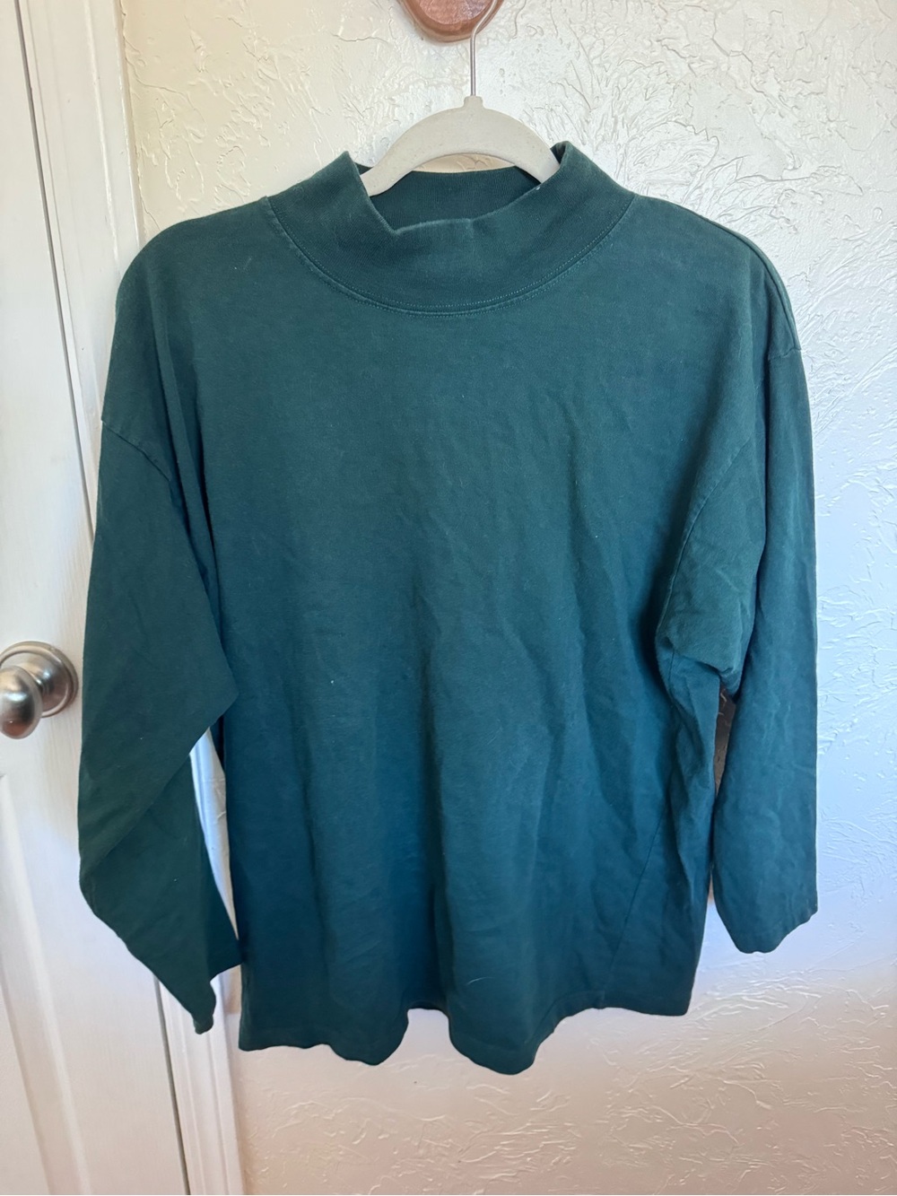 100% cotton Long Sleeve Mock Neck Tee in Dark Teal